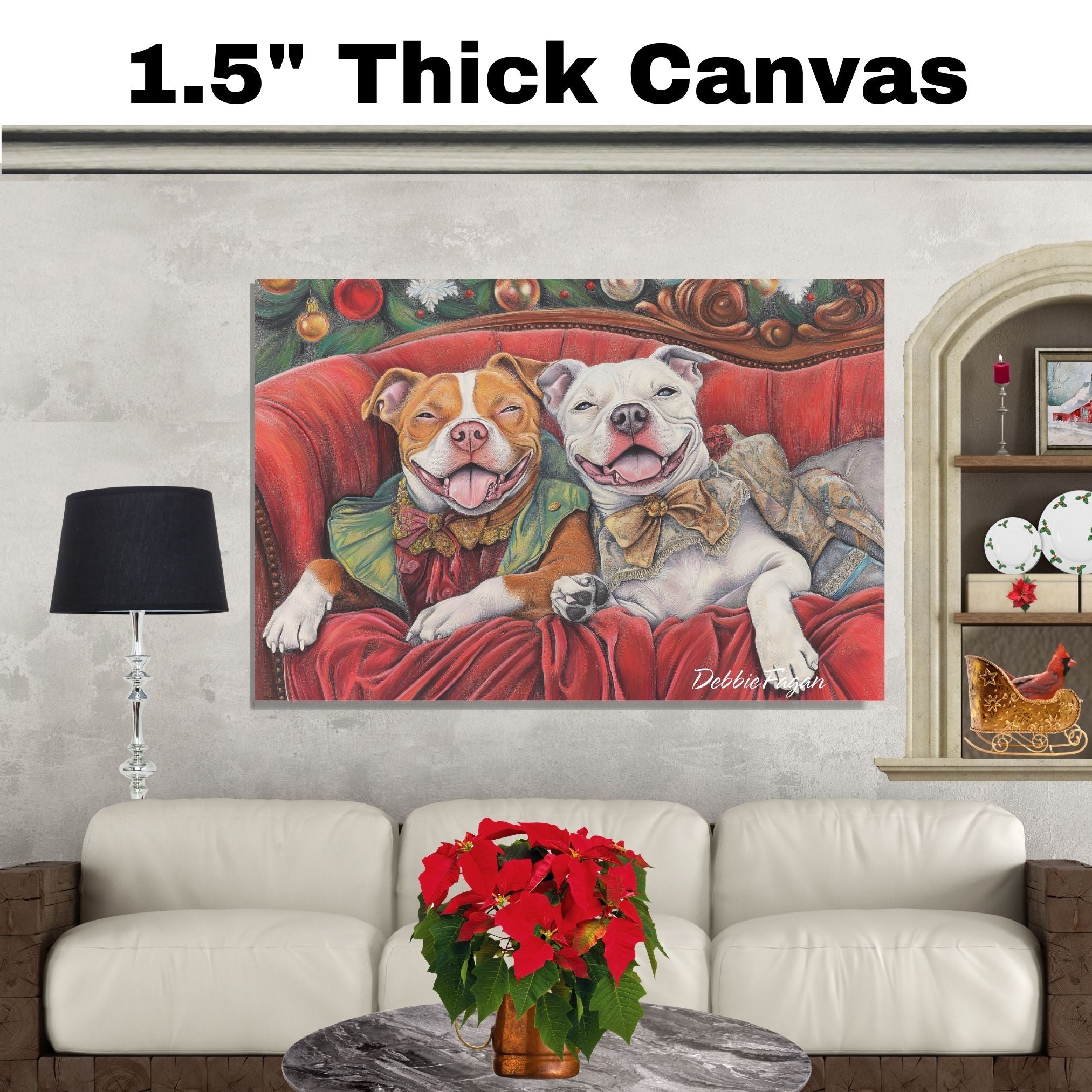 American Pit Bull Christmas Canvas - "Victorian Charm" - Happy Pit Bull Pups in Elegant Attire on Ready to Hang 1.5" Thick Canvas Wrap, Floating Framed Canvas, Flat Rolled Canvas