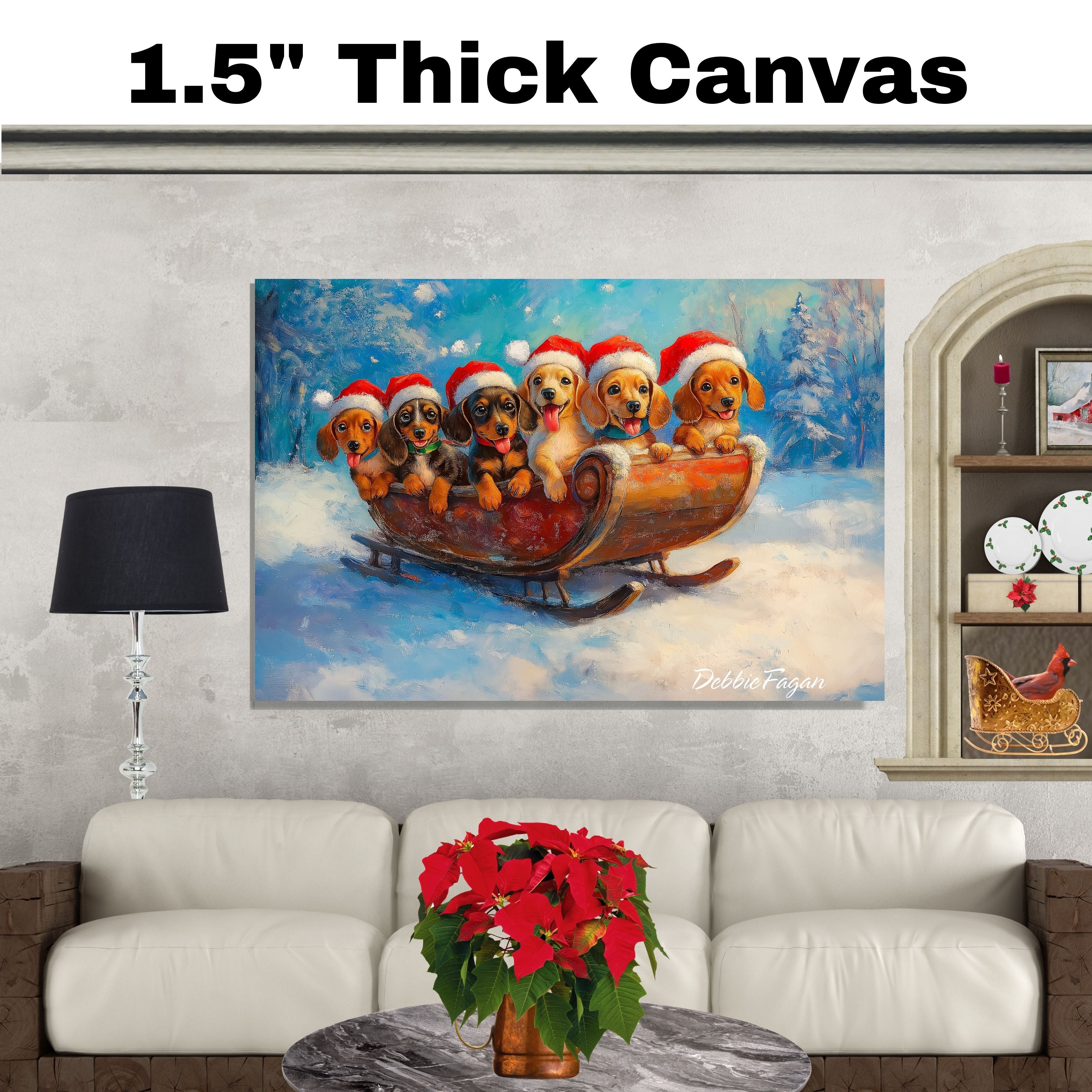 "Dachshund Sleigh Ride" - Adorable Doxie in Santa Hats Enjoying a Joyful Journey Through a Snowy Winter Forest on Ready to Hang 1.5" Thick Canvas Wrap, Floating Framed Canvas, Flat Rolled Canvas