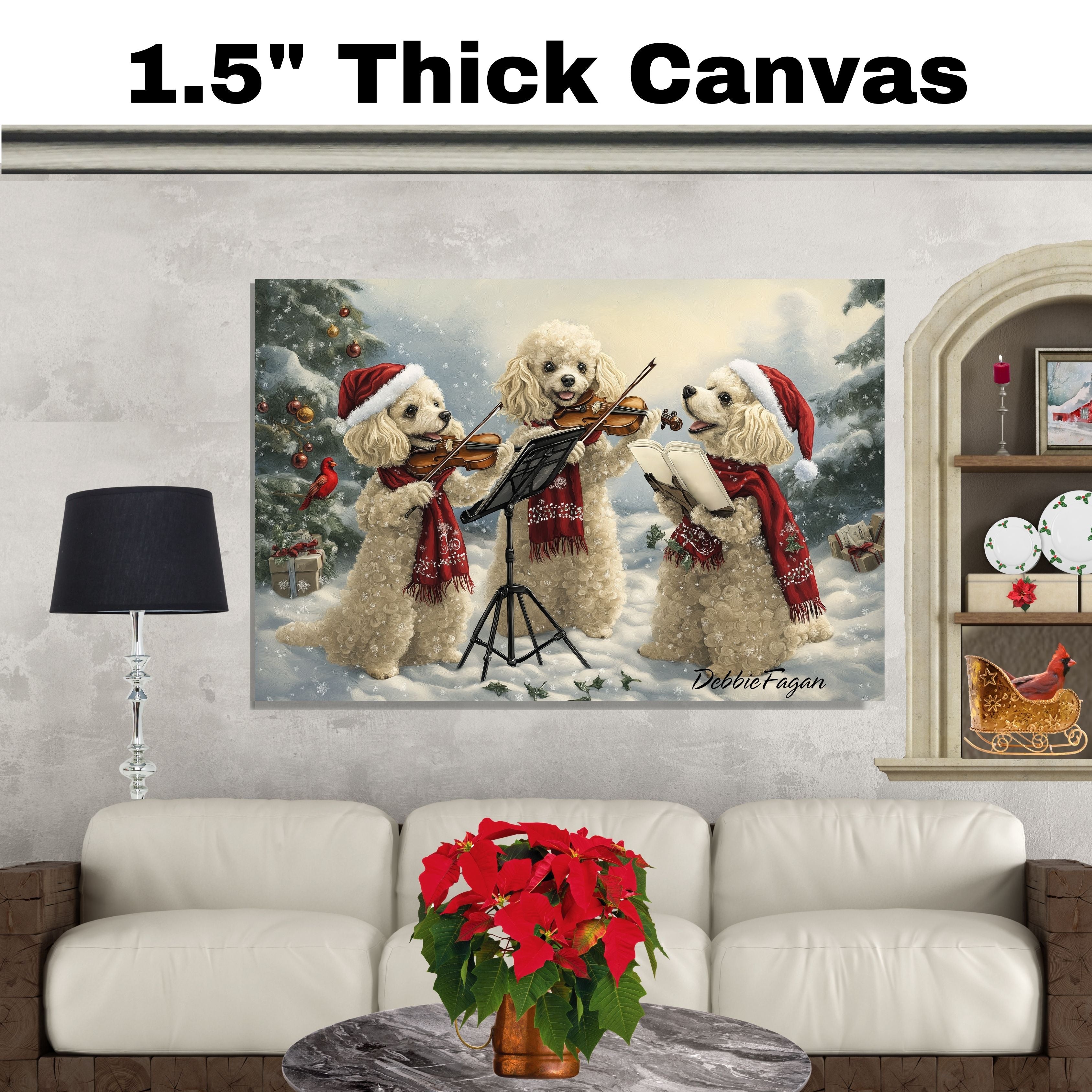 Dog Christmas Canvas  - "Symphony in Snow" - Poodles Playing Violin in a Winter Forest on Ready to Hang 1.5" Thick Canvas Wrap, Floating Framed Canvas, Flat Rolled Canvas