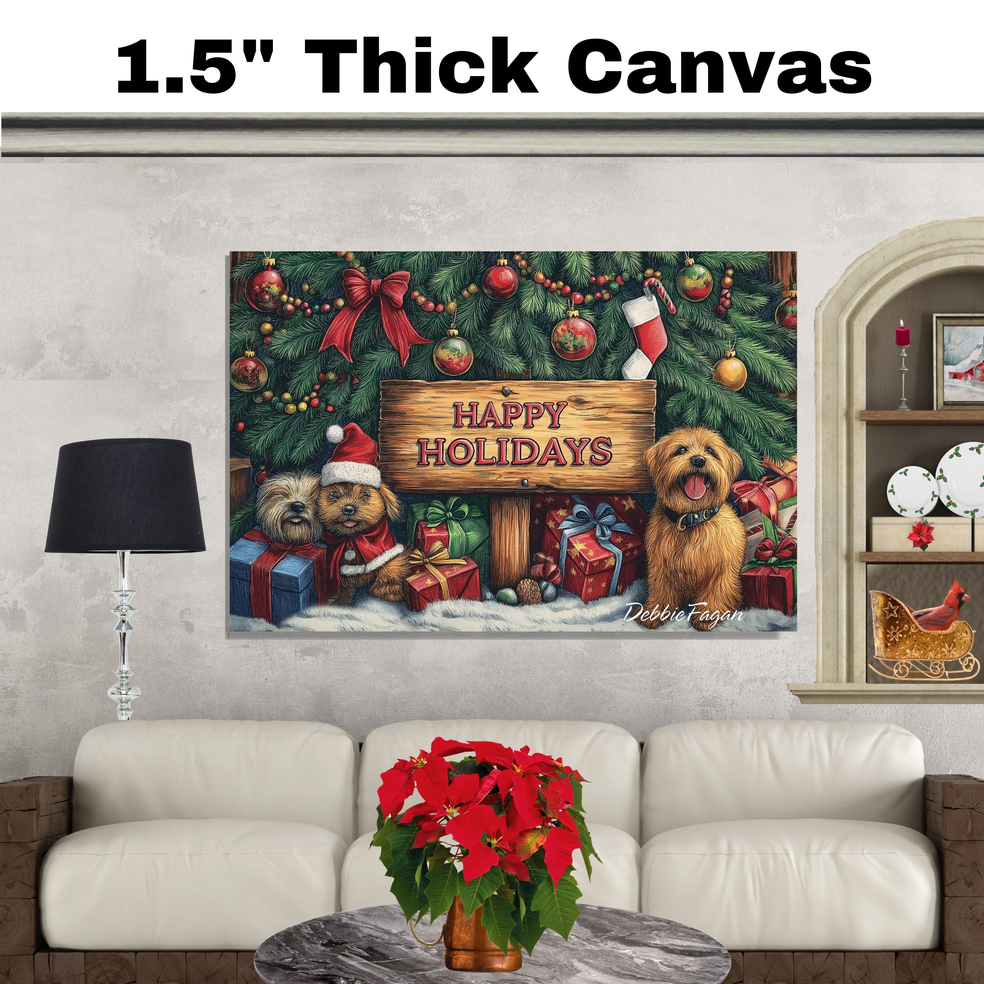 "Puppy Present Paradise" - Adorable Puppies Surrounded by Christmas Gifts Under the Tree in Winter Snow on Ready to Hang 1.5" Thick Canvas Wrap, Floating Framed Canvas, Flat Rolled Canvas