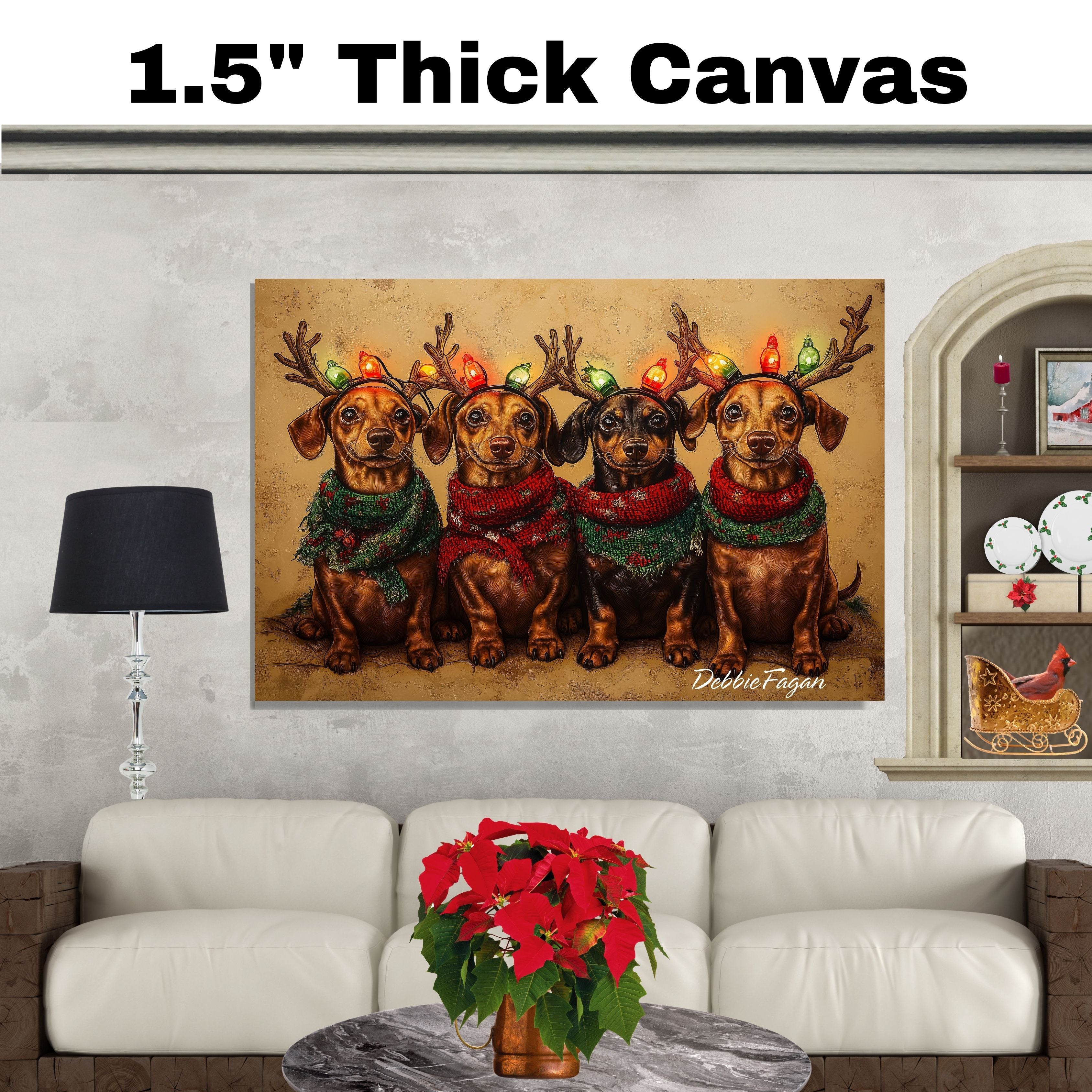 Dachshund Christmas Canvas - "Rusty Rudolph" - Festively Adorned Dachshund in Cozy Scarves Rustic Style Art on Ready to Hang 1.5" Thick Canvas Wrap, Floating Framed Canvas, Flat Rolled Canvas