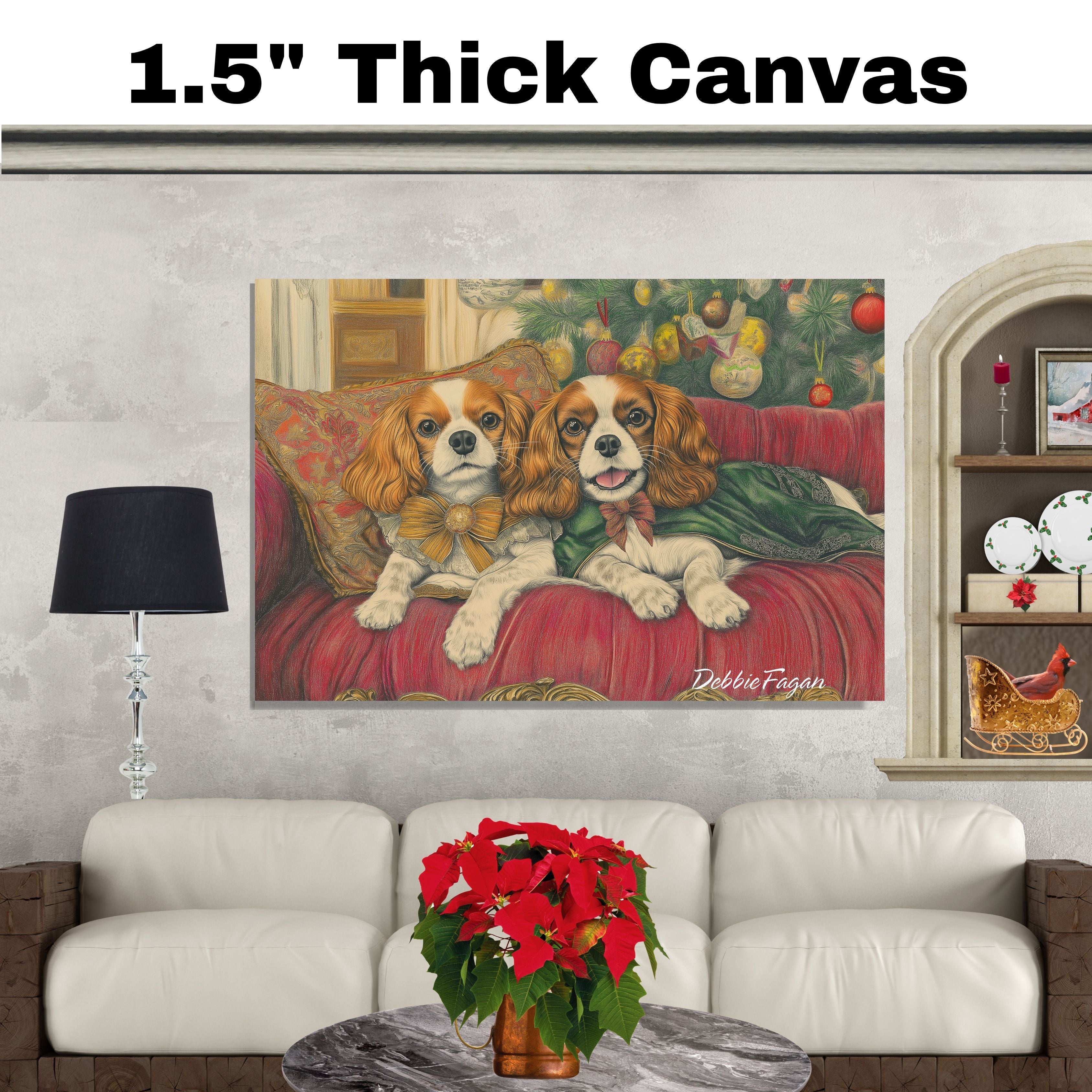 Dog Christmas Canvas - "Regal Retreat" - Elegant Cavalier King Charles Spaniel Lounging on a Vintage Red Ornate Sofa on Ready to Hang 1.5" Thick Canvas Wrap, Floating Framed Canvas, Flat Rolled Canvas