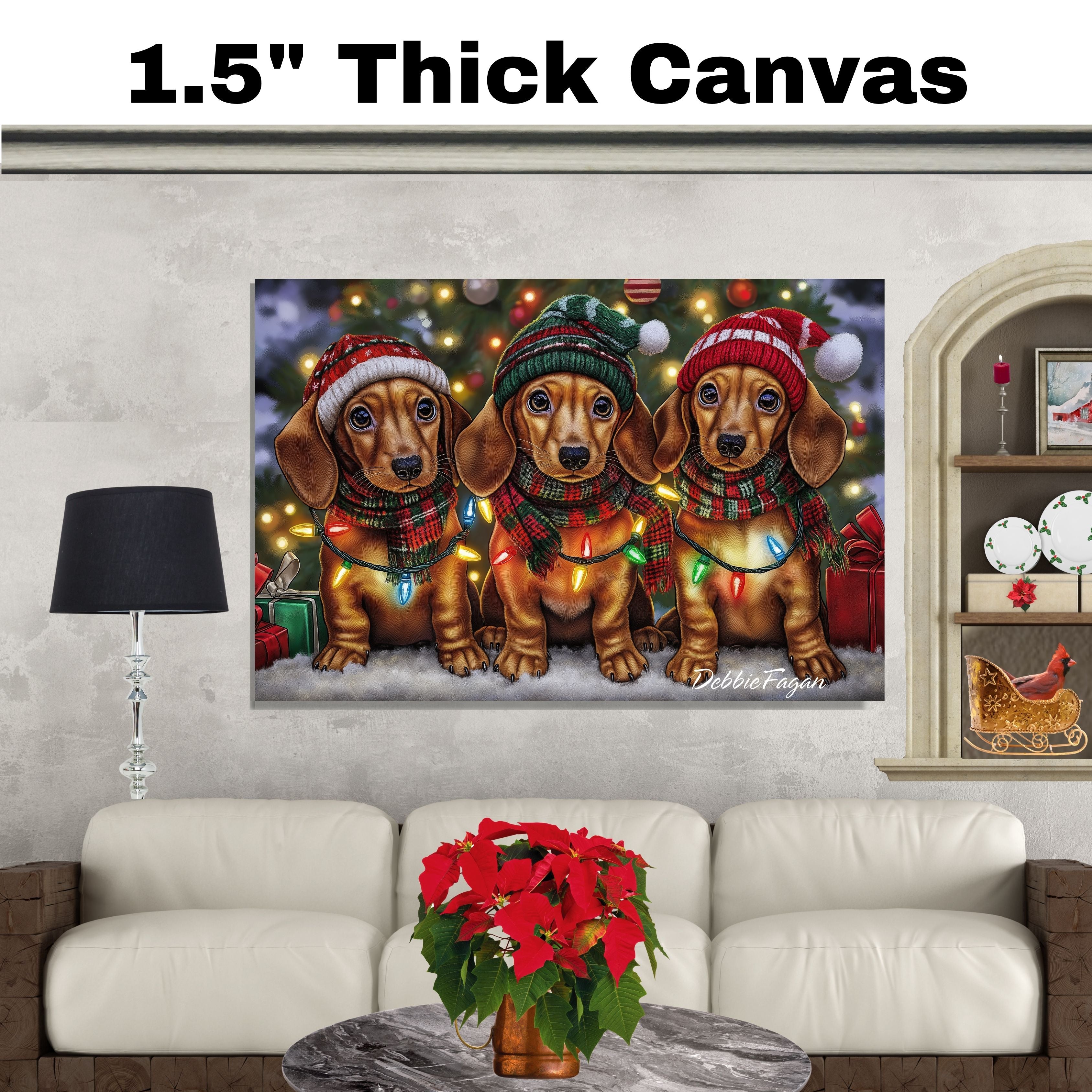 Christmas Canvas - "Dachshund Wonders" - Winter Pups Adorned in Cozy Outfits Wrapped in Festive Christmas Lights on Ready to Hang 1.5" Thick Canvas Wrap, Floating Framed Canvas, Flat Rolled Canvas