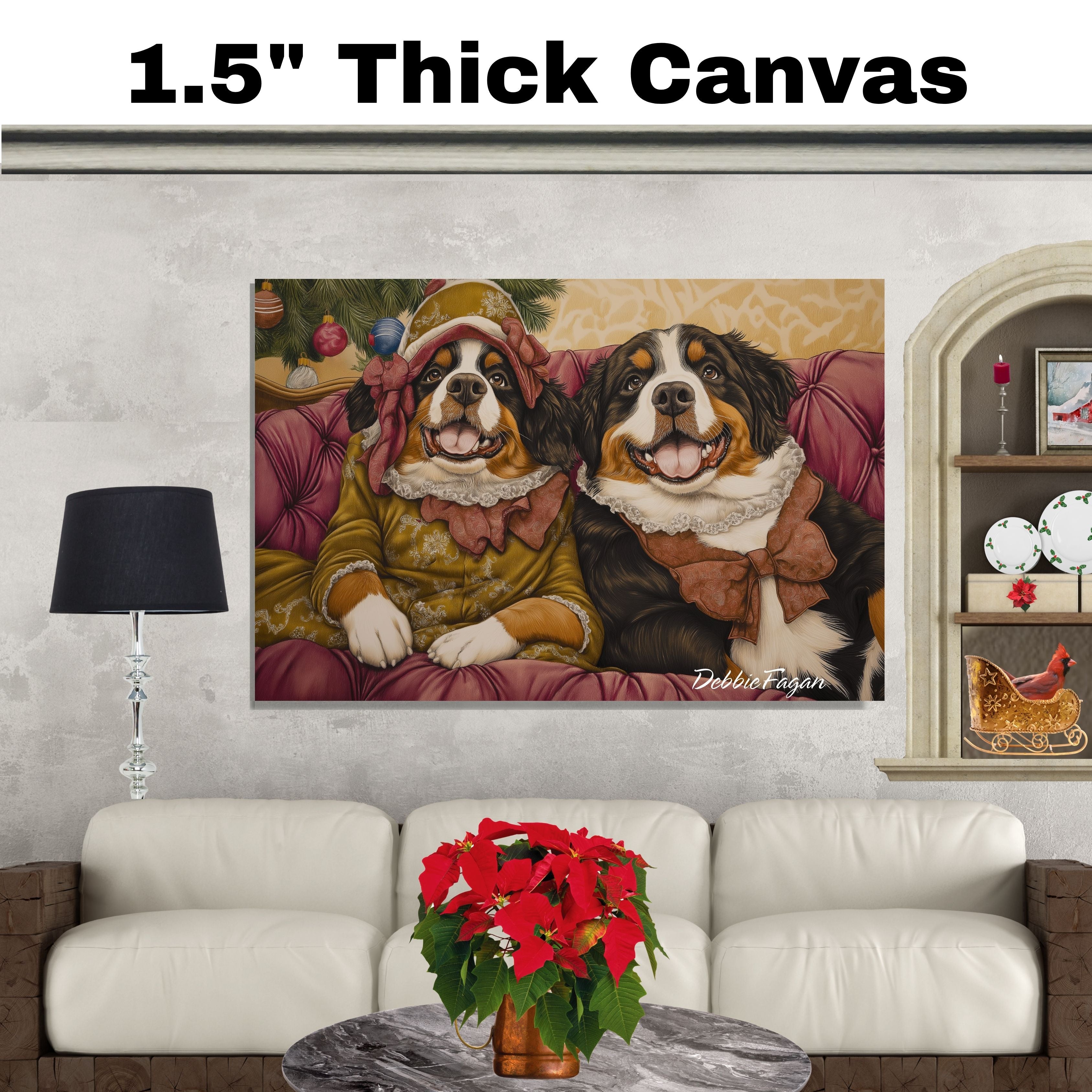 Christmas Canvas  - ÒBernese EleganceÓ - Sophisticated Bernese Mountain Dogs Lounging on a Vintage Red Ornate Sofa on Ready to Hang 1.5" Thick Canvas Wrap, Floating Framed Canvas, Flat Rolled Canvas