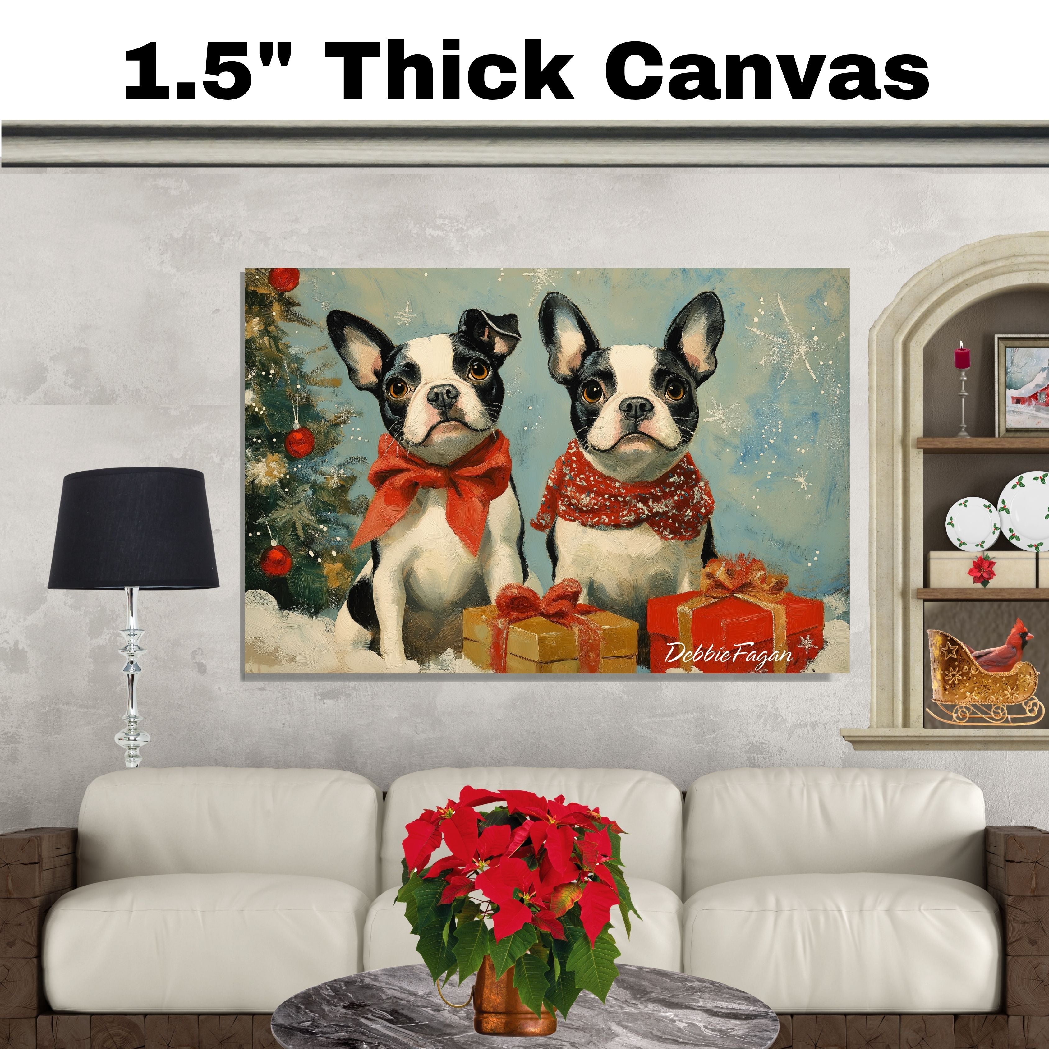 "Winter Whimsy" - French Bulldogs in Cozy Scarves Amidst a Snowy Wonderland with Christmas Tree and Gifts on Ready to Hang 1.5" Thick Canvas Wrap, Floating Framed Canvas, Flat Rolled Canvas