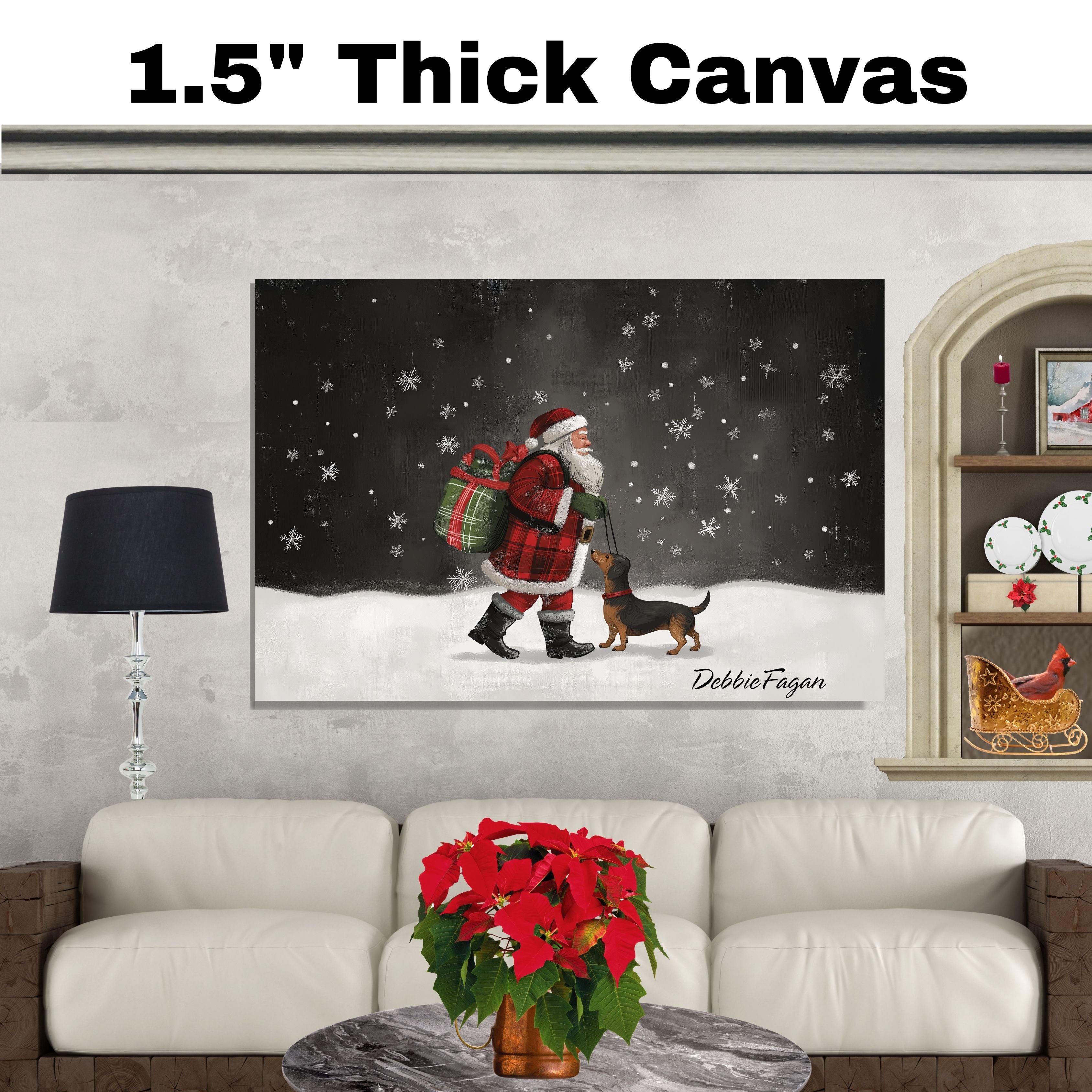 Doxie Christmas Canvas  - "Snowy Adventure" - Dachshund and Santa in The Winter Snow on Ready to Hang 1.5" Thick Canvas Wrap, Floating Framed Canvas, Flat Rolled Canvas