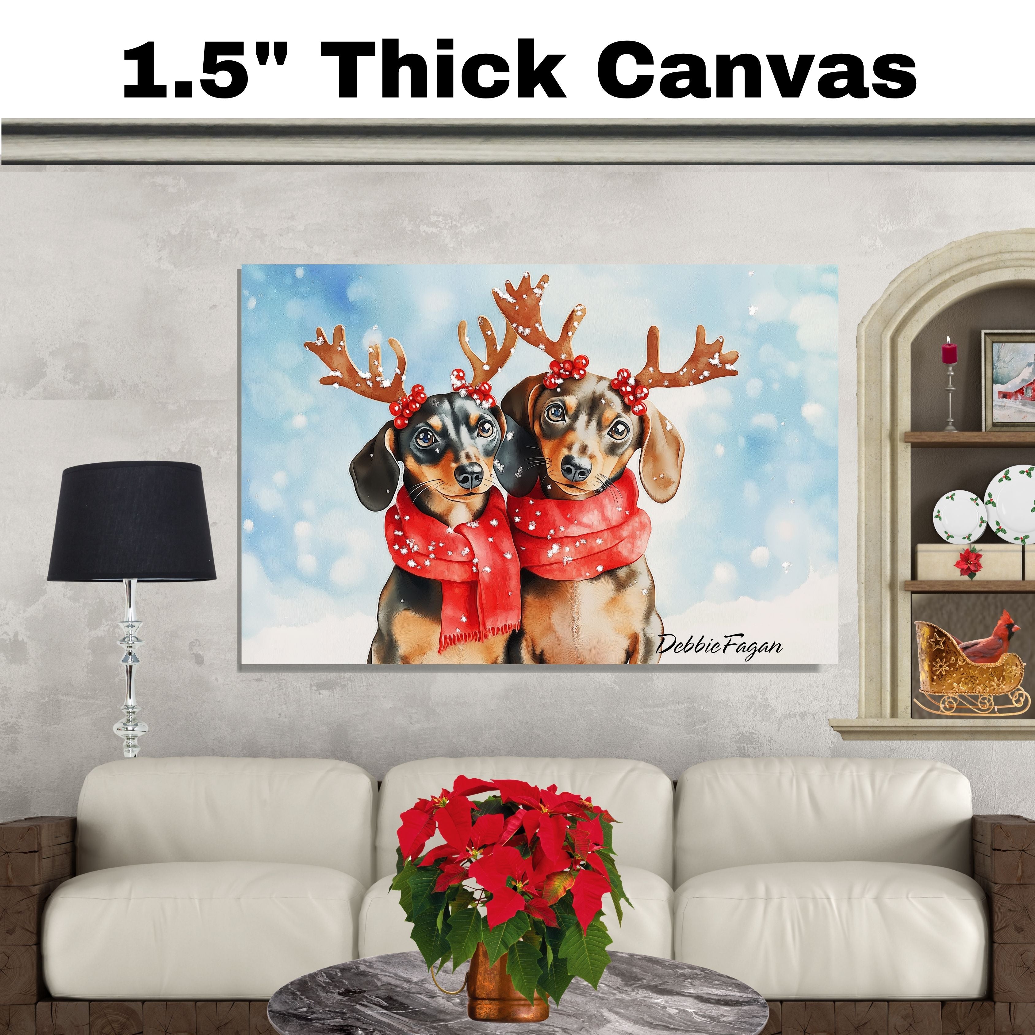 Wiener Christmas Canvas  - "Winter Pawsitivity" - Cute Dachshund with Antlers in a Snowy Scene on Ready to Hang 1.5" Thick Canvas Wrap, Floating Framed Canvas, Flat Rolled Canvas