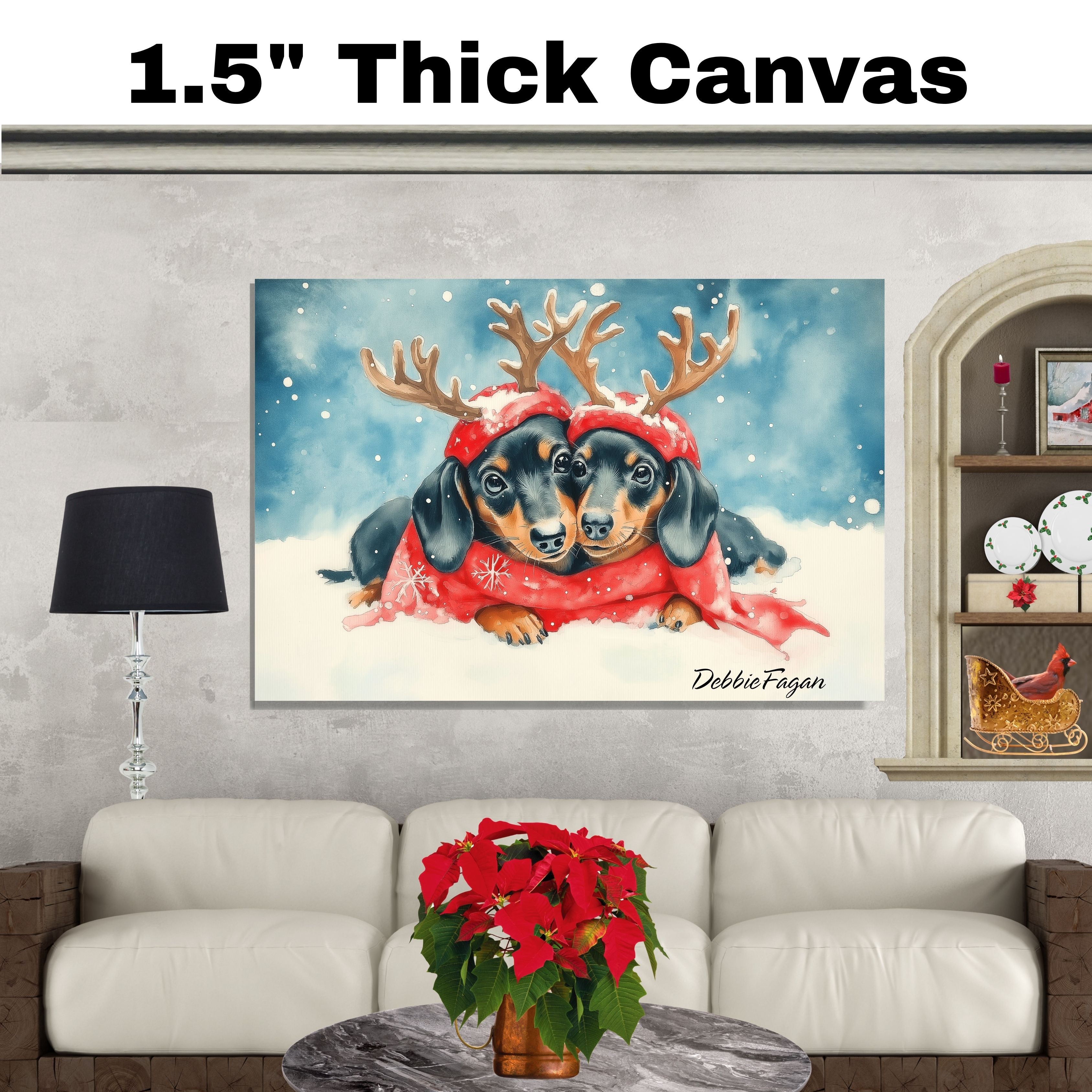 Doxie Christmas Canvas  - "Snowy Snouts" - Cozy Dachshund Dogs with Colorful Antlers in the Winter Snow on Ready to Hang 1.5" Thick Canvas Wrap, Floating Framed Canvas, Flat Rolled Canvas