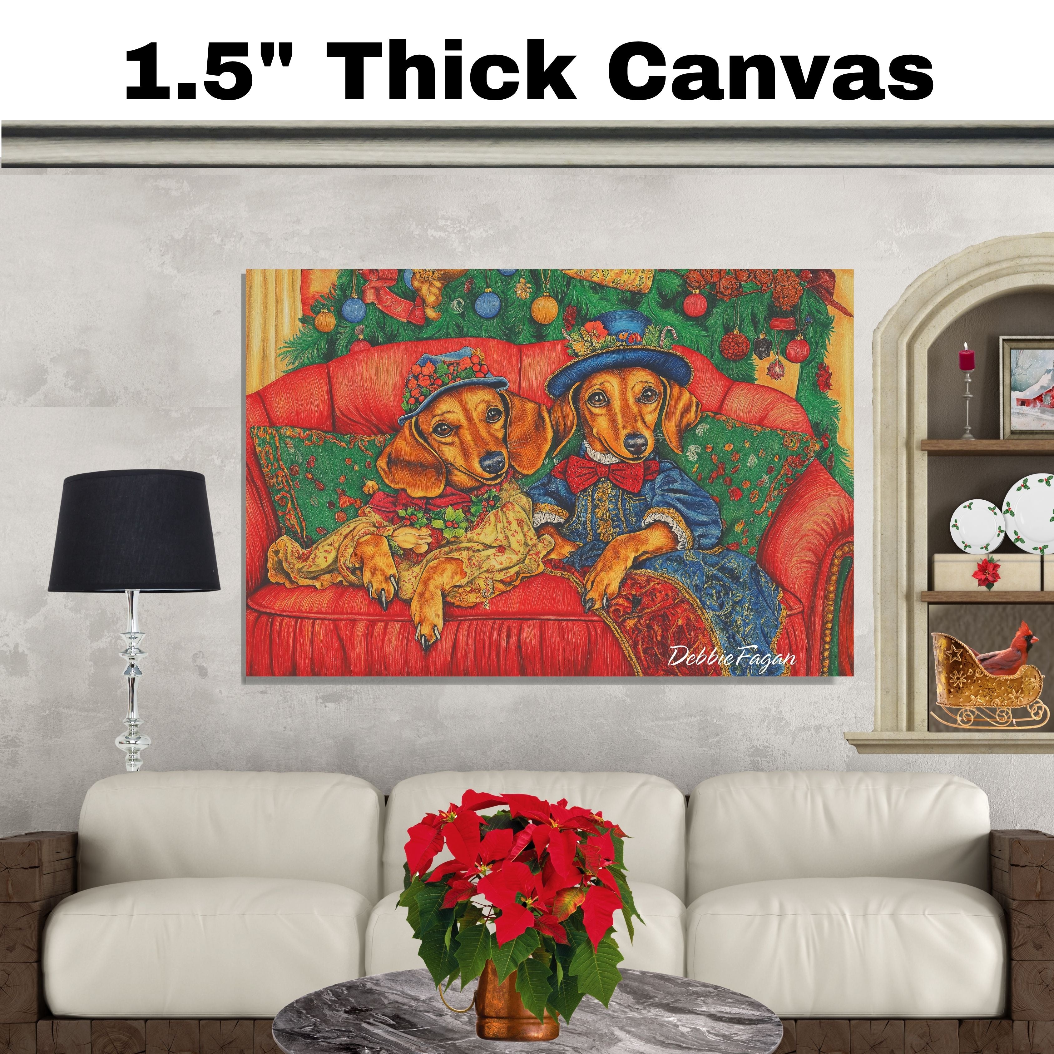 Wiener Christmas Canvas  - "Dachshund Serenity" - Elegant Doxie Dogs Lounging on a Vintage Red Ornate Sofa on Ready to Hang 1.5" Thick Canvas Wrap, Floating Framed Canvas, Flat Rolled Canvas