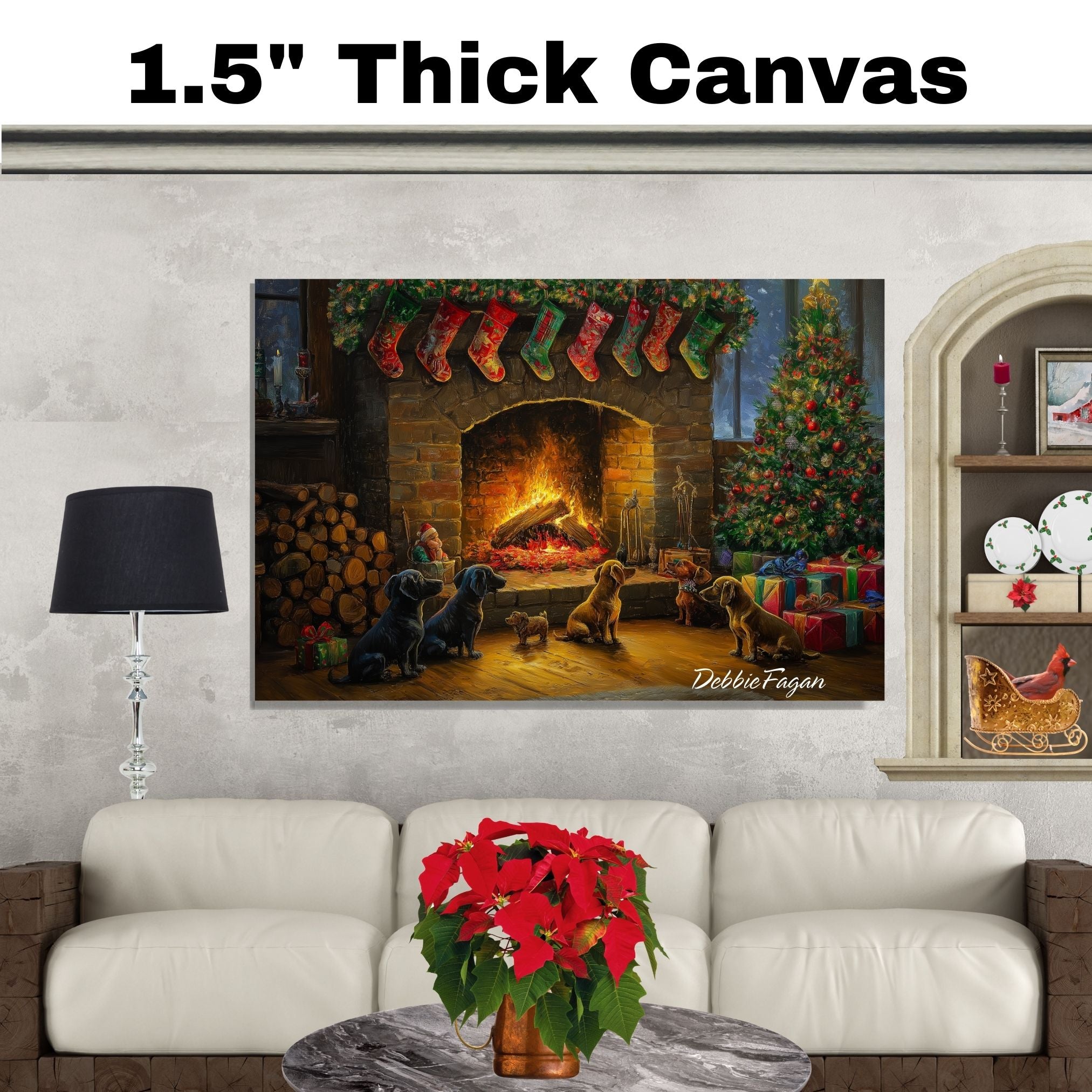 Dachshund Christmas Canvas - "Festive Fireside Friends" - Cozy Wiener Dogs by the Christmas Fireplace on Ready to Hang 1.5" Thick Canvas Wrap, Floating Framed Canvas, Flat Rolled Canvas