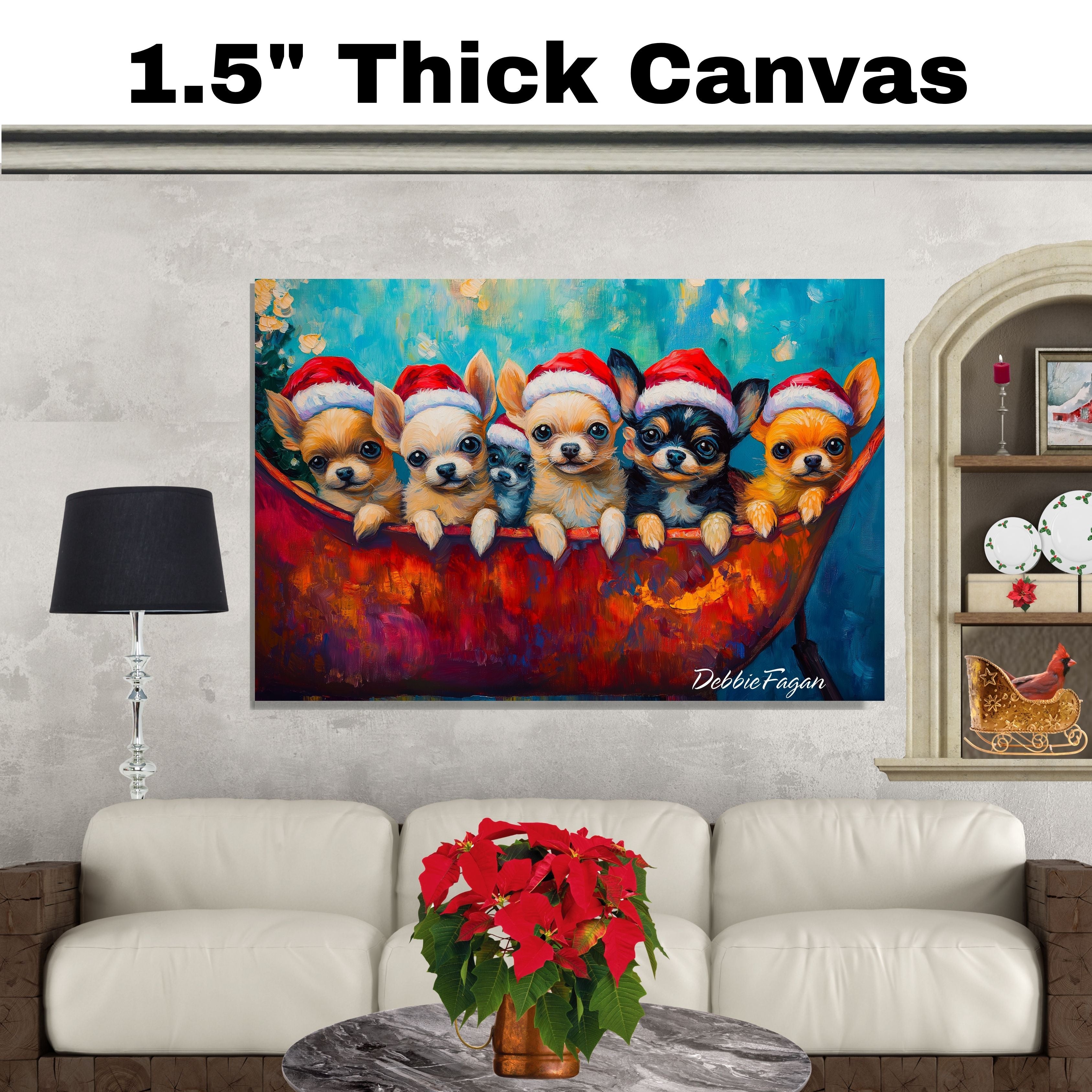 Dog Christmas Canvas  - ÒChihuahua CheerÓ - Adorable Puppies in Santa Hats on a Festive Sleigh on Ready to Hang 1.5" Thick Canvas Wrap, Floating Framed Canvas, Flat Rolled Canvas