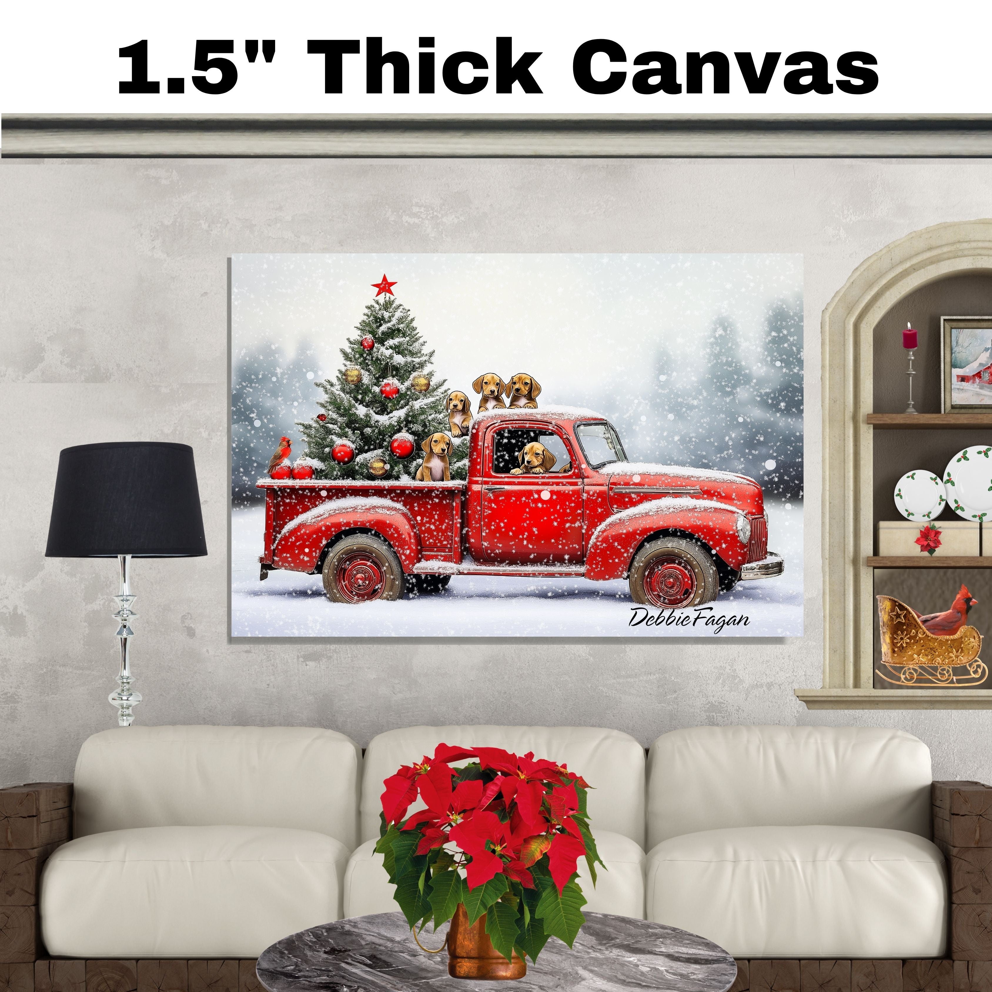 Dog Christmas Canvas - "Puppy Parade" - Vizsla Puppies in a Vintage Red Truck with Christmas Tree on Ready to Hang 1.5" Thick Canvas Wrap, Floating Framed Canvas, Flat Rolled Canvas