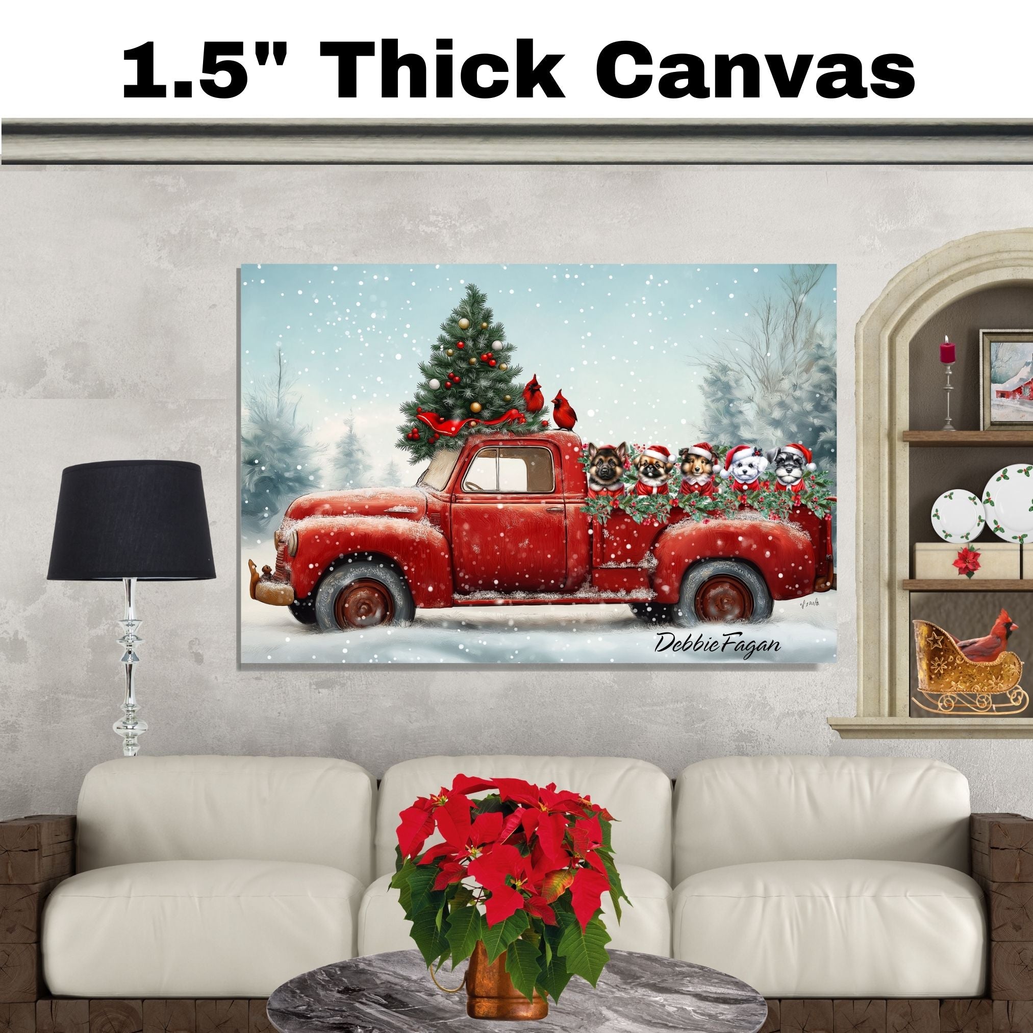 Christmas Canvas - "Santa Paws Parade" - Adorable Dogs Dressed in Festive Costumes on Vintage Red Pickup Truck on Ready to Hang 1.5" Thick Canvas Wrap, Floating Framed Canvas, Flat Rolled Canvas