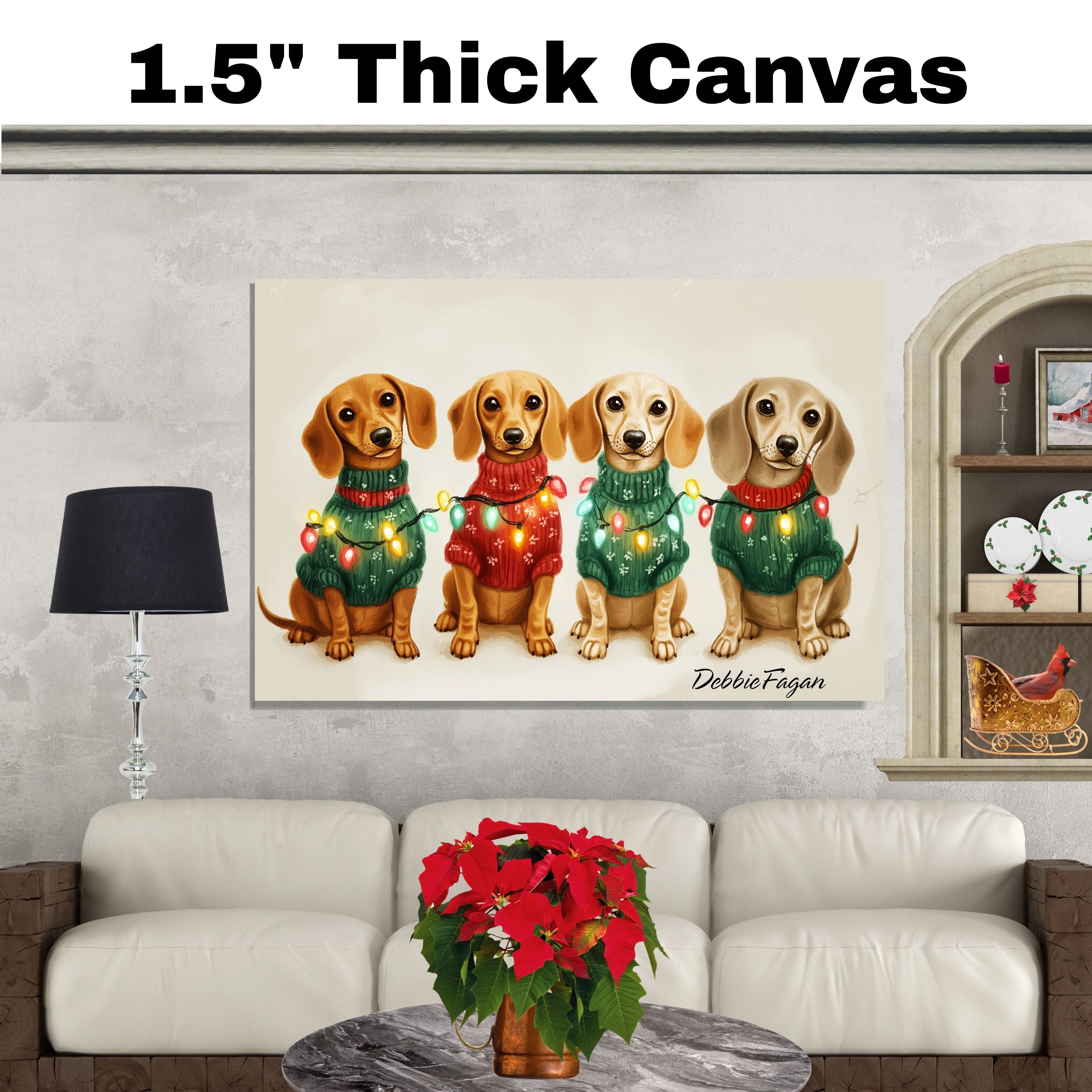 Christmas Canvas  - Dachshund Snuggles - Adorable Dogs in Cozy Sweaters Wrapped in Colorful Christmas Lights on Ready to Hang 1.5" Thick Canvas Wrap, Floating Framed Canvas, Flat Rolled Canvas