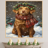 Chesapeake Bay Retriever Christmas Dog Wall Art with Red Scarf and Holly Wreath for Winter Snow Festive Puppy Holiday Artwork on Flat Rolled, Framed or Wrapped Canvas