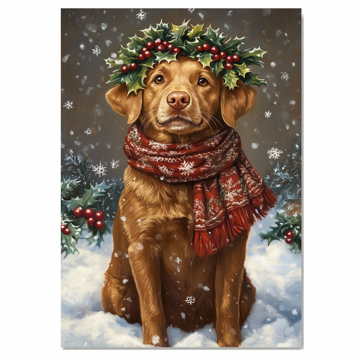 Chesapeake Bay Retriever Christmas Dog Wall Art with Red Scarf and Holly Wreath for Winter Snow Festive Puppy Holiday Artwork on Flat Rolled, Framed or Wrapped Canvas