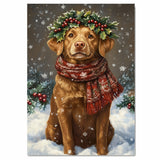 Chesapeake Bay Retriever Christmas Dog Wall Art with Red Scarf and Holly Wreath for Winter Snow Festive Puppy Holiday Artwork on Flat Rolled, Framed or Wrapped Canvas