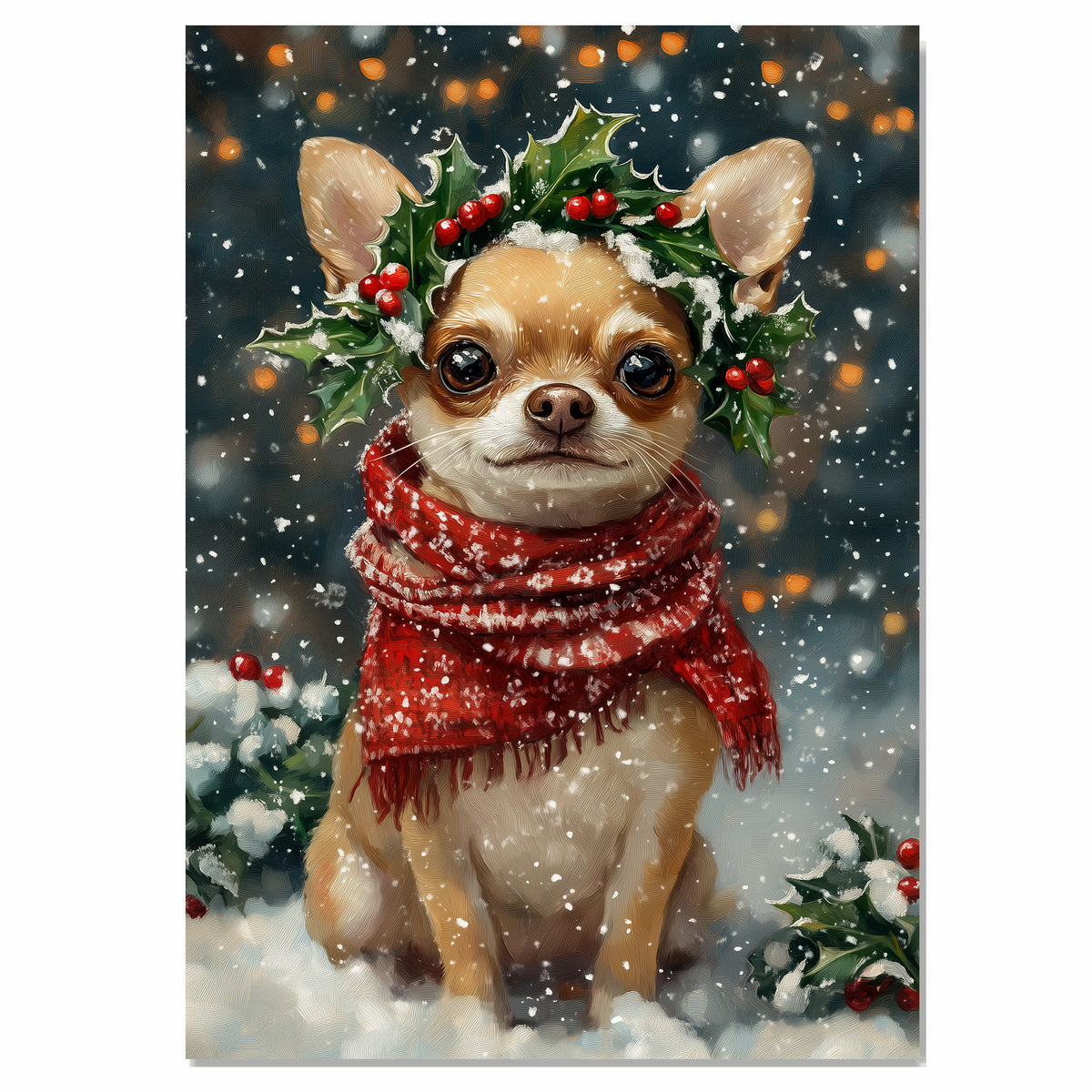 Chihuahua Christmas Dog Wall Art with Red Scarf and Holly Wreath for Winter Snow Festive Puppy Holiday Artwork on Flat Rolled, Framed or Wrapped Canvas