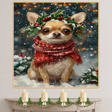 Chihuahua Christmas Dog Wall Art with Red Scarf and Holly Wreath for Winter Snow Festive Puppy Holiday Artwork on Flat Rolled, Framed or Wrapped Canvas