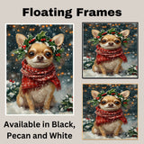 Chihuahua Christmas Dog Wall Art with Red Scarf and Holly Wreath for Winter Snow Festive Puppy Holiday Artwork on Flat Rolled, Framed or Wrapped Canvas