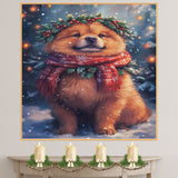 Chow Chow Christmas Dog Wall Art with Red Scarf and Holly Wreath for Winter Snow Festive Puppy Holiday Artwork on Flat Rolled, Framed or Wrapped Canvas