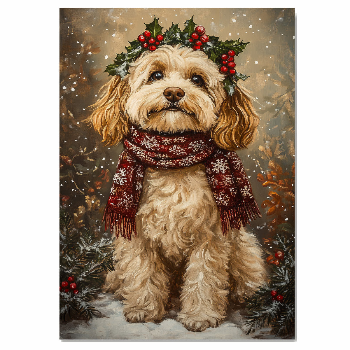 Cockapoo Christmas Dog Wall Art with Red Scarf and Holly Wreath for Winter Snow Festive Puppy Holiday Artwork on Flat Rolled, Framed or Wrapped Canvas