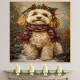Cockapoo Christmas Dog Wall Art with Red Scarf and Holly Wreath for Winter Snow Festive Puppy Holiday Artwork on Flat Rolled, Framed or Wrapped Canvas