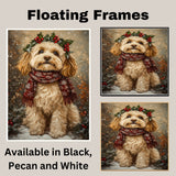 Cockapoo Christmas Dog Wall Art with Red Scarf and Holly Wreath for Winter Snow Festive Puppy Holiday Artwork on Flat Rolled, Framed or Wrapped Canvas