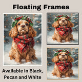 Cocker Spaniel Christmas Dog Wall Art with Red Scarf and Holly Wreath for Winter Snow Festive Puppy Holiday Artwork on Flat Rolled, Framed or Wrapped Canvas