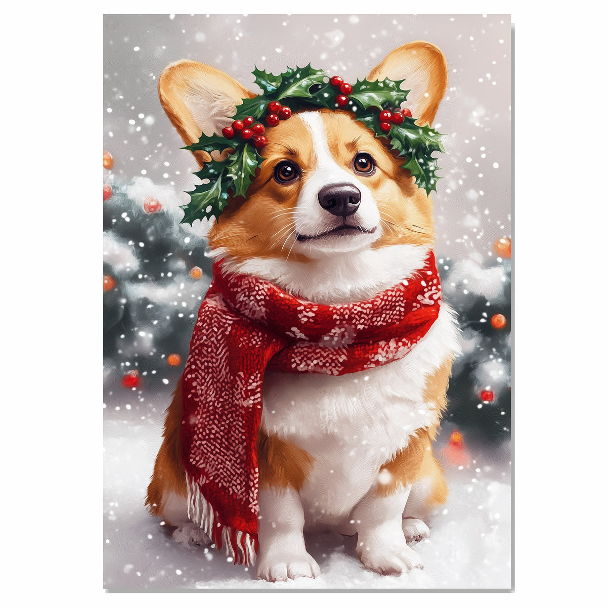 Corgi Christmas Dog Wall Art with Red Scarf and Holly Wreath for Winter Snow Festive Puppy Holiday Artwork on Flat Rolled, Framed or Wrapped Canvas