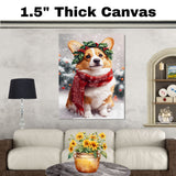 Corgi Christmas Dog Wall Art with Red Scarf and Holly Wreath for Winter Snow Festive Puppy Holiday Artwork on Flat Rolled, Framed or Wrapped Canvas