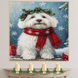 Coton de Tulear Christmas Dog Wall Art with Red Scarf and Holly Wreath for Winter Snow Festive Puppy Holiday Artwork on Flat Rolled, Framed or Wrapped Canvas
