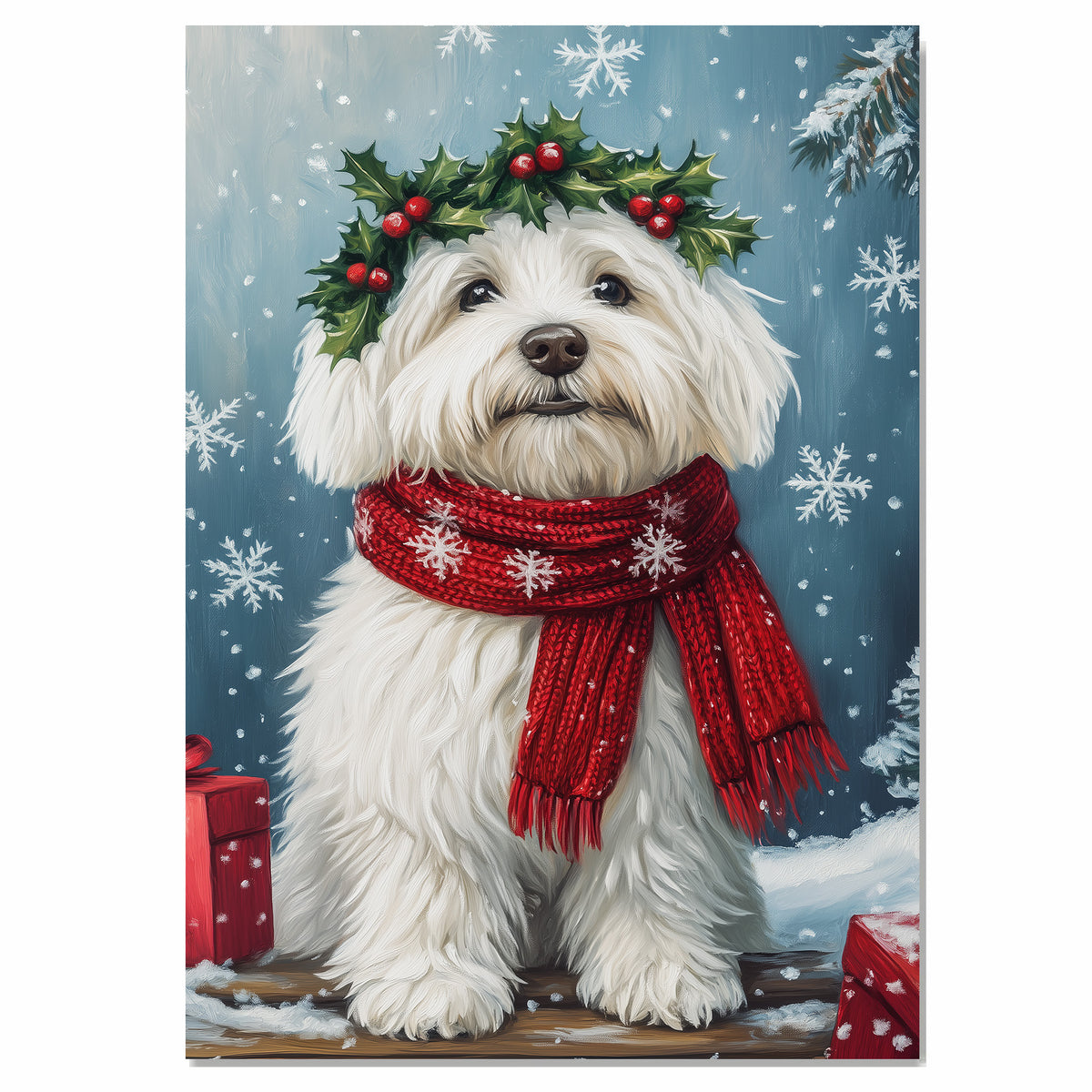 Coton de Tulear Christmas Dog Wall Art with Red Scarf and Holly Wreath for Winter Snow Festive Puppy Holiday Artwork on Flat Rolled, Framed or Wrapped Canvas