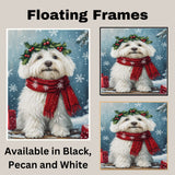 Coton de Tulear Christmas Dog Wall Art with Red Scarf and Holly Wreath for Winter Snow Festive Puppy Holiday Artwork on Flat Rolled, Framed or Wrapped Canvas