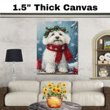 Coton de Tulear Christmas Dog Wall Art with Red Scarf and Holly Wreath for Winter Snow Festive Puppy Holiday Artwork on Flat Rolled, Framed or Wrapped Canvas