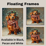 Dachshund Christmas Dog Wall Art with Red Scarf and Holly Wreath for Winter Snow Festive Puppy Holiday Artwork on Flat Rolled, Framed or Wrapped Canvas