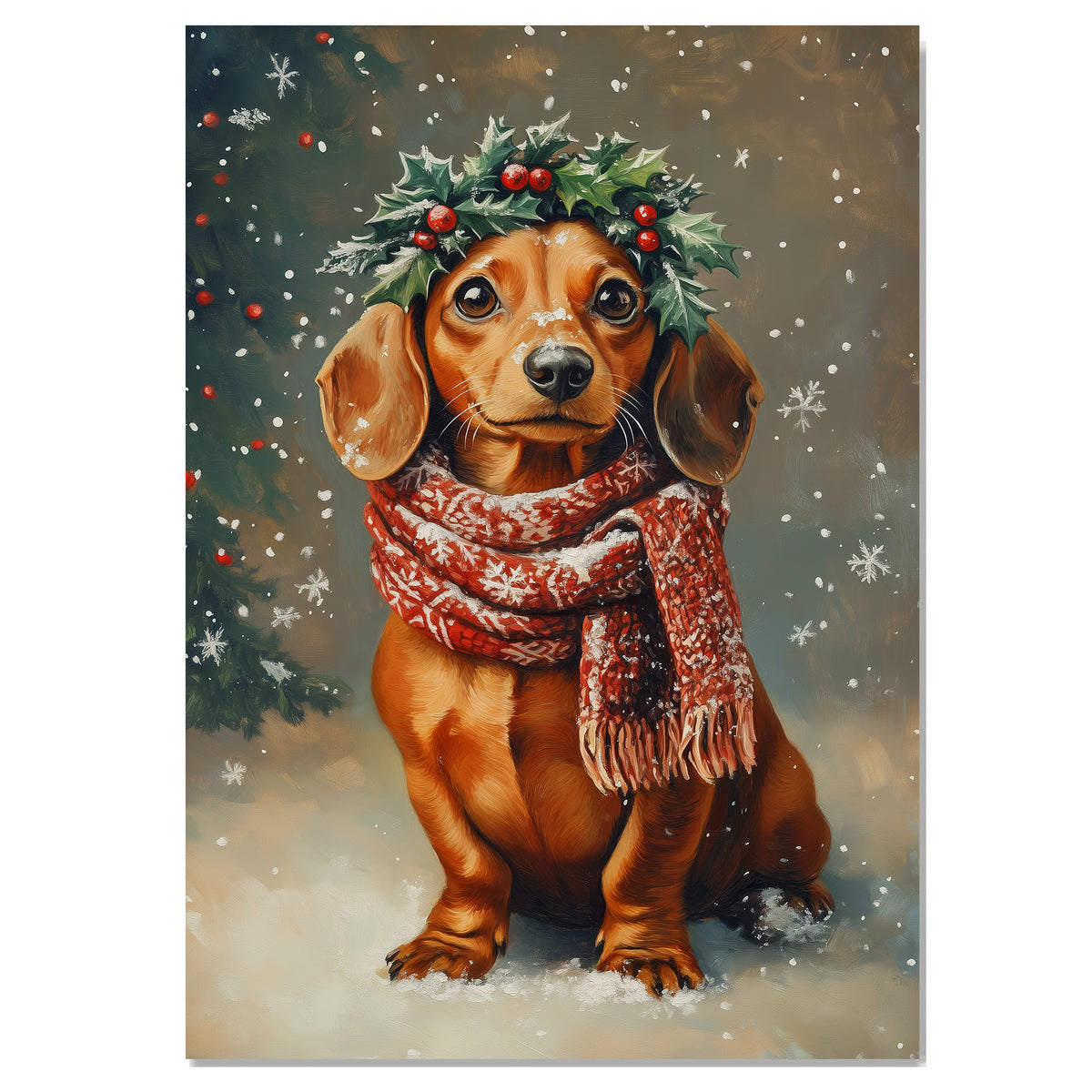 Dachshund Christmas Dog Wall Art with Red Scarf and Holly Wreath for Winter Snow Festive Puppy Holiday Artwork on Flat Rolled, Framed or Wrapped Canvas