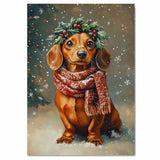 Dachshund Christmas Dog Wall Art with Red Scarf and Holly Wreath for Winter Snow Festive Puppy Holiday Artwork on Flat Rolled, Framed or Wrapped Canvas