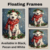 Dalmatian Christmas Dog Wall Art with Red Scarf and Holly Wreath for Winter Snow Festive Puppy Holiday Artwork on Flat Rolled, Framed or Wrapped Canvas