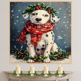 Dalmatian Christmas Dog Wall Art with Red Scarf and Holly Wreath for Winter Snow Festive Puppy Holiday Artwork on Flat Rolled, Framed or Wrapped Canvas