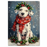 Dalmatian Christmas Dog Wall Art with Red Scarf and Holly Wreath for Winter Snow Festive Puppy Holiday Artwork on Flat Rolled, Framed or Wrapped Canvas