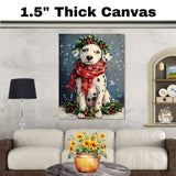 Dalmatian Christmas Dog Wall Art with Red Scarf and Holly Wreath for Winter Snow Festive Puppy Holiday Artwork on Flat Rolled, Framed or Wrapped Canvas