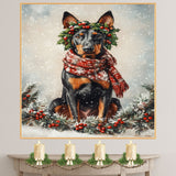 Doberman Christmas Dog Wall Art with Red Scarf and Holly Wreath for Winter Snow Festive Puppy Holiday Artwork on Flat Rolled, Framed or Wrapped Canvas