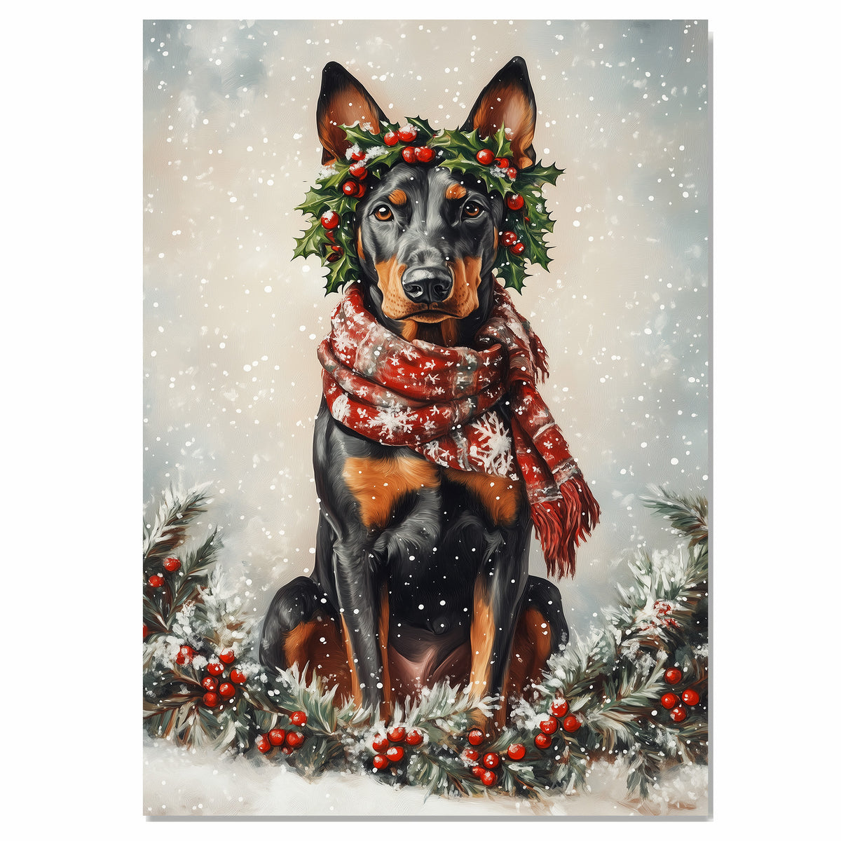 Doberman Christmas Dog Wall Art with Red Scarf and Holly Wreath for Winter Snow Festive Puppy Holiday Artwork on Flat Rolled, Framed or Wrapped Canvas