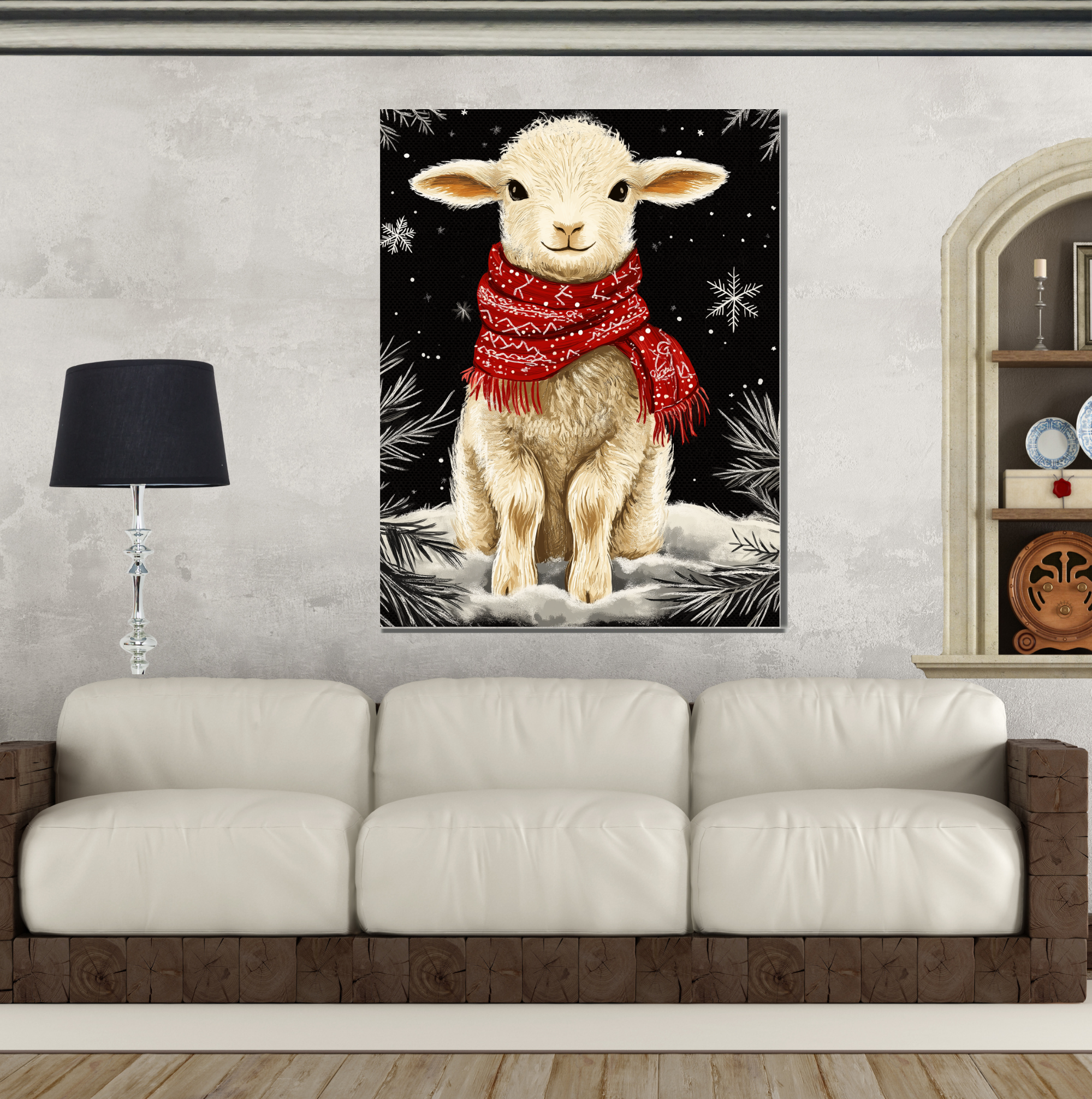 Lamb with Red Scarf Sitting in Winter Snow, Christmas Holiday Painting on 1.5" Thick Canvas Wrap, Floating Framed Canvas, Flat Rolled Canvas, Oversized Stretched Canvas Wall Art