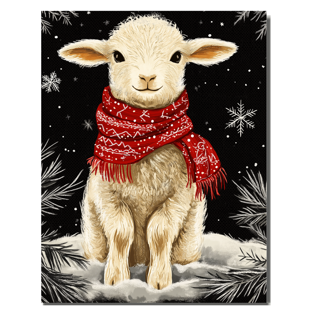 Lamb with Red Scarf Sitting in Winter Snow, Christmas Holiday Painting on 1.5" Thick Canvas Wrap, Floating Framed Canvas, Flat Rolled Canvas, Oversized Stretched Canvas Wall Art