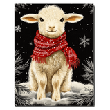 Lamb with Red Scarf Sitting in Winter Snow, Christmas Holiday Painting on 1.5" Thick Canvas Wrap, Floating Framed Canvas, Flat Rolled Canvas, Oversized Stretched Canvas Wall Art