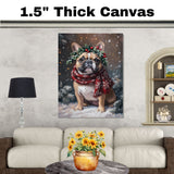 FrenchBulldog Christmas Dog Wall Art with Red Scarf and Holly Wreath for Winter Snow Festive Puppy Holiday Artwork on Flat Rolled, Framed or Wrapped Canvas