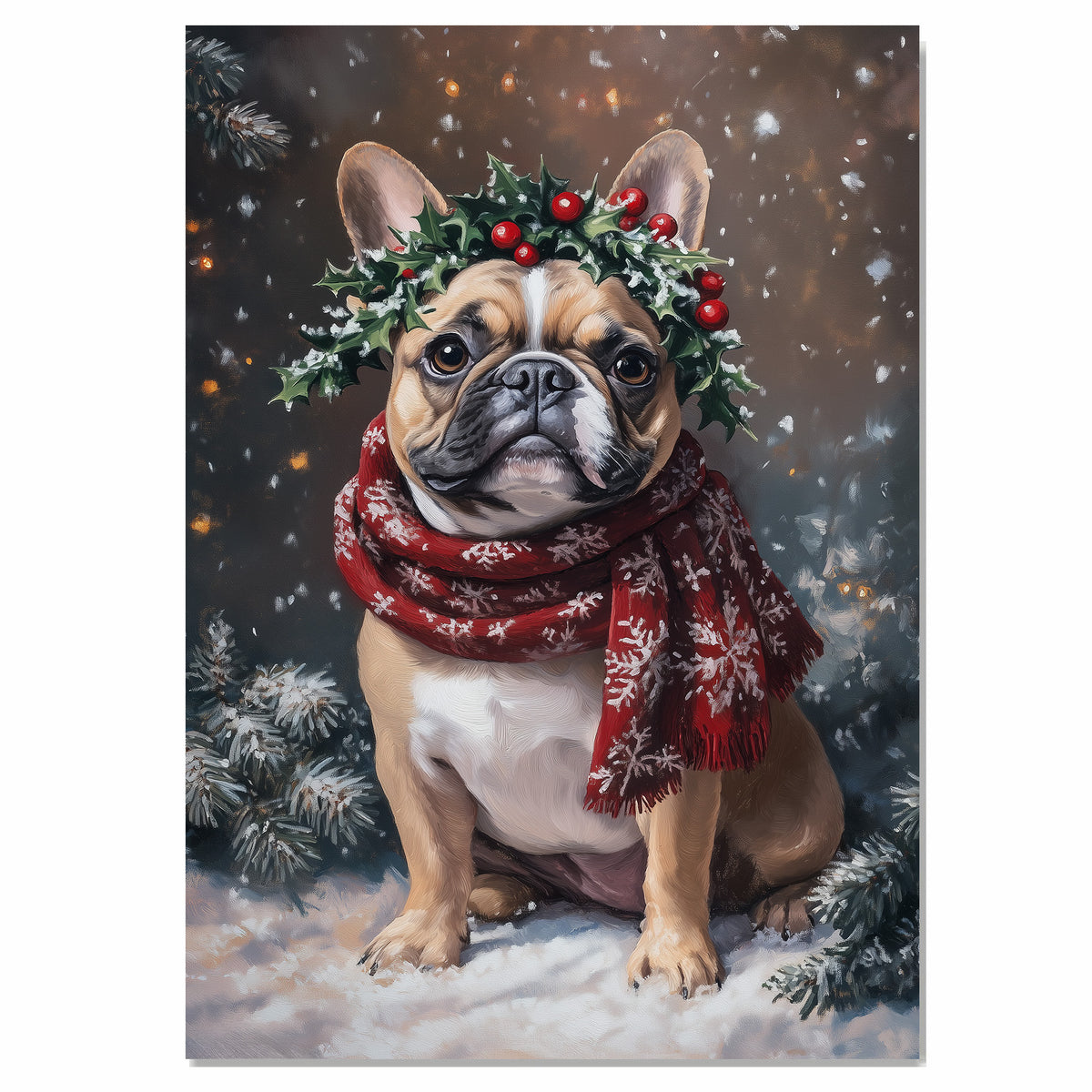 FrenchBulldog Christmas Dog Wall Art with Red Scarf and Holly Wreath for Winter Snow Festive Puppy Holiday Artwork on Flat Rolled, Framed or Wrapped Canvas