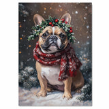 FrenchBulldog Christmas Dog Wall Art with Red Scarf and Holly Wreath for Winter Snow Festive Puppy Holiday Artwork on Flat Rolled, Framed or Wrapped Canvas
